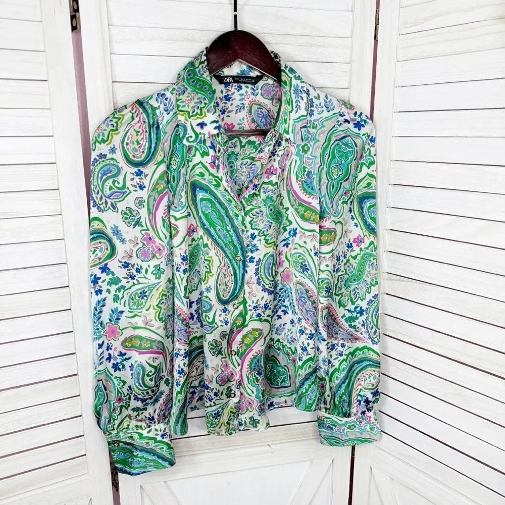 Zara Paisley Satin‎ Button Up Blouse White Multi Small